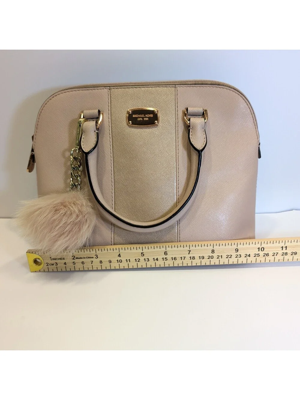 Michael Kors Light Pink Saffiano Leather Dome Satchel with Pom Pom Charm
